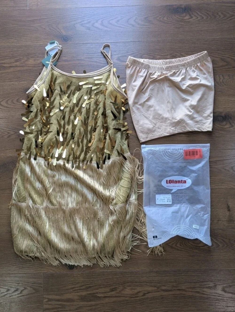 Lolanta 2 Piece Latin Dance Costume Gold Childs Size 130 & 160 Sequin Fringe NWT